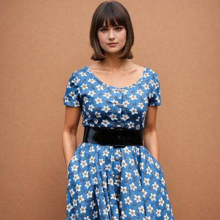 Blue floral short sleeves button down shirt midi dress