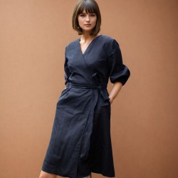 Linen Black Wrap Dress in Midi Length with Tie waist