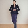 Navy pencil skirt suit with shawl collar jacket and puff sleeves, made to measure