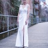 Floor length, high slit sleeveless wedding dress, with train, embellished with flowers, made to measure