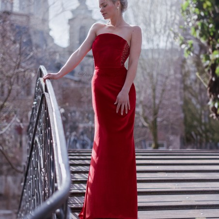 Red velvet strapless floor length bustier dress with train