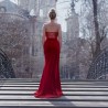 Red velvet strapless floor length bustier dress with train
