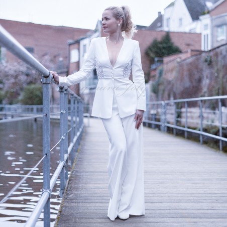 White pants suit with long peplum blazer , made to order