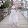 Midi length blush pink tulle strapless evening or cocktail princess dress