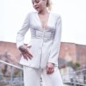 White pants suit with long peplum blazer , made to order