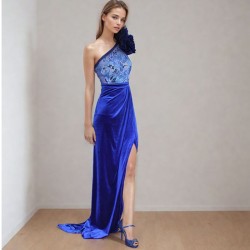 One shoulder front slit long train velvet dress