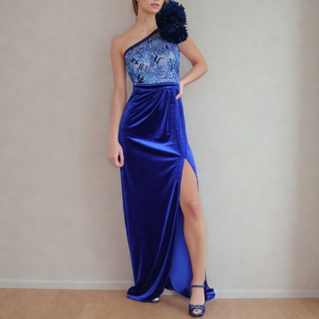 One shoulder front slit long train velvet dress