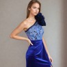 One shoulder front slit long train velvet dress