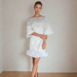 Ivory short sheath dress with open back and bell sleeves