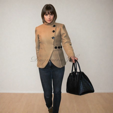 Brown short woolen asymmetrical jacket , made to measure