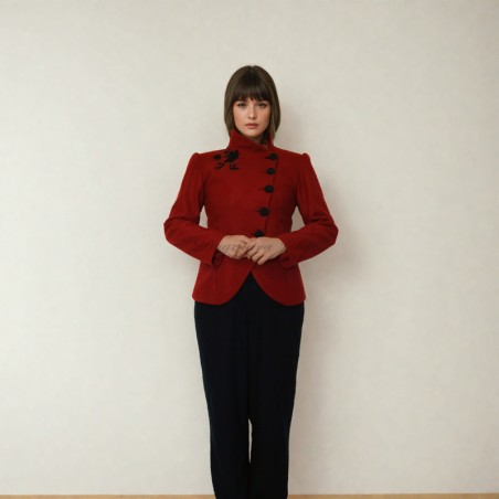 Red short woolen asymmetrical jacket