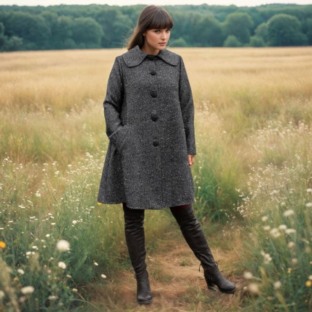 Women long swing coat in a black tweed