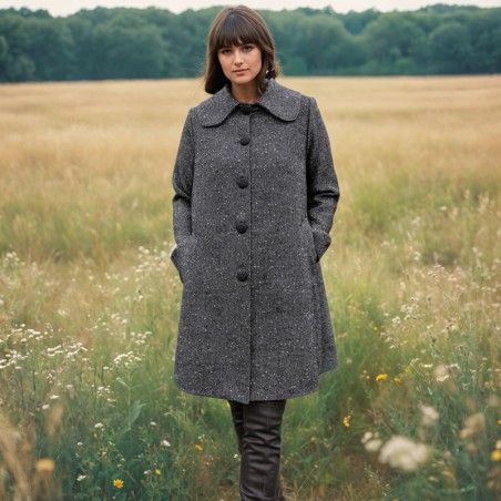 Women long swing coat in a black tweed