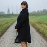 Women long swing black coat with big collar, made to order in France