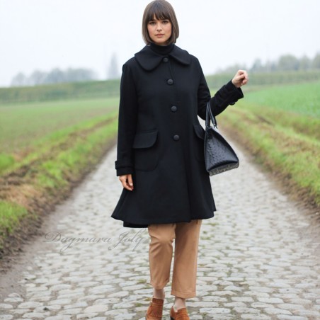 Women long swing black coat with big collar, made to order in France