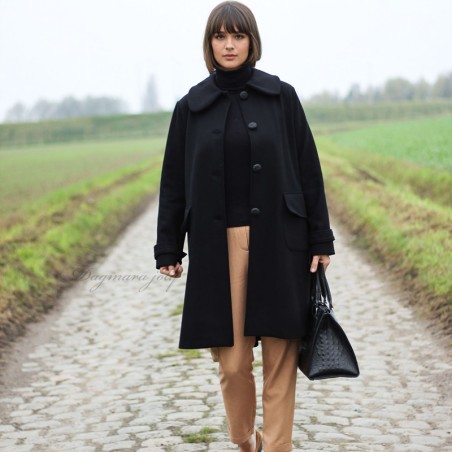 Women long swing black coat with big collar, made to order in France