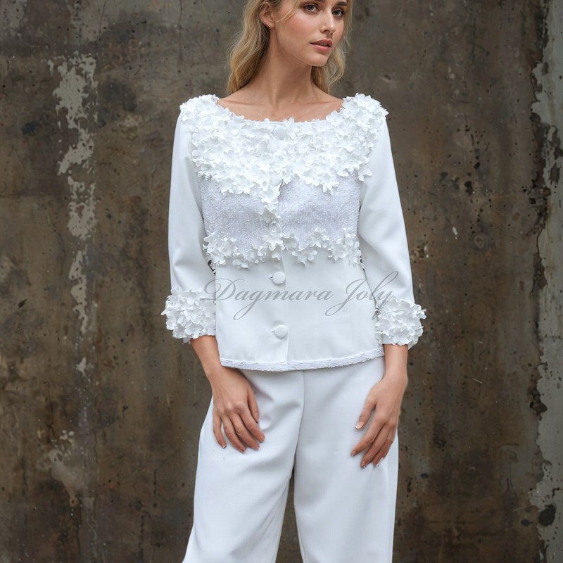 Short white bridal jacket with 3/4 sleeves and boat neckline, made to measure