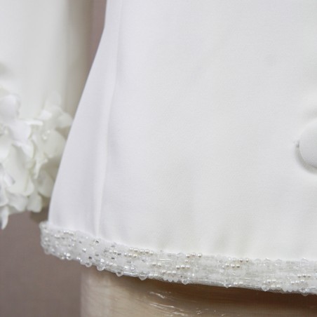 Short white bridal jacket with 3/4 sleeves and boat neckline, made to measure