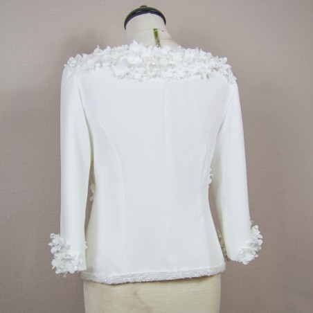 Short white bridal jacket with 3/4 sleeves and boat neckline, made to measure