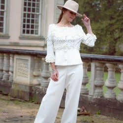 White bridal pants suit with short jacket and wide legged pants