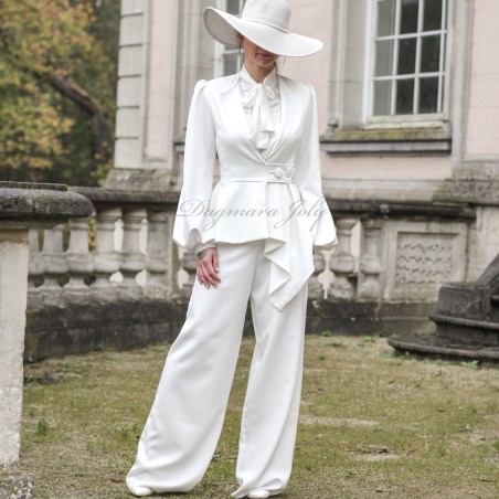 Tailleur blanc pantalon ample femme avec veste à basque