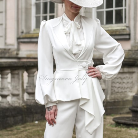 Tailleur blanc pantalon ample femme avec veste à basque