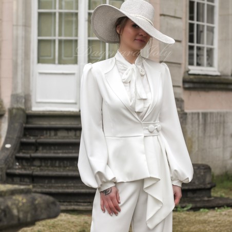 White bridal pants suit with peplum jacket