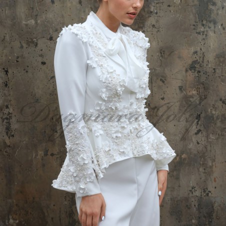 White bridal pants suit with asymmetrical jacket and wide legged pants