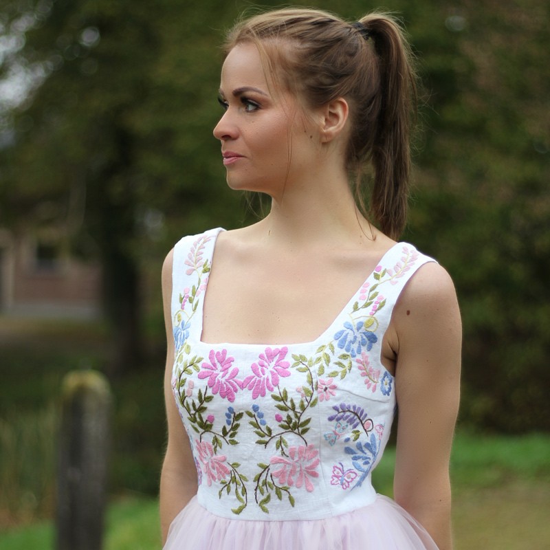 Midi length sleeveless floral dress in blush pink tulle