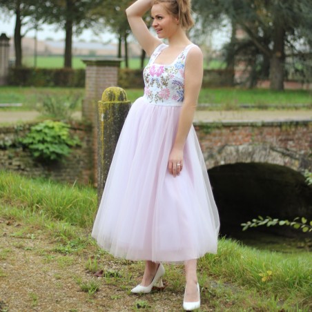 Midi length sleeveless floral dress in blush pink tulle