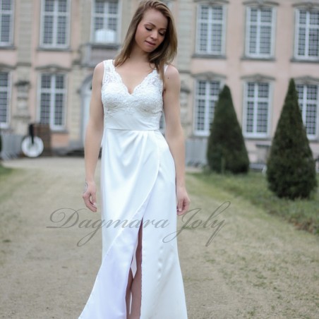 High slit sleeveless wedding dress with train, it has V neckline and V back