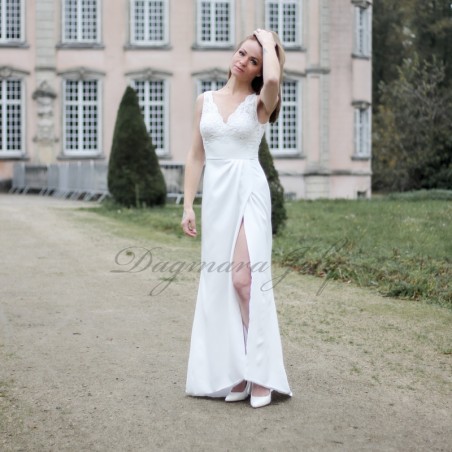 High slit sleeveless wedding dress with train, it has V neckline and V back