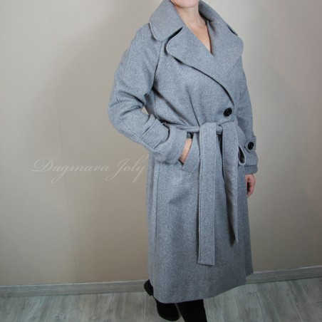 Women long gray raglan loose cut woolen coat