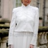 Short white tweed cropped jacket with officer collar, made in France