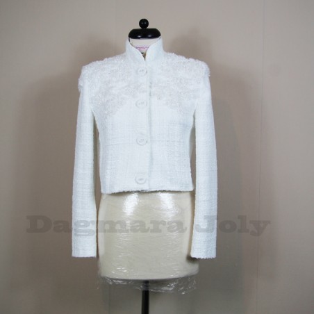 Short white tweed cropped jacket with officer collar, made in France