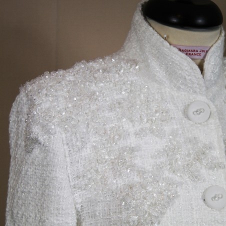 Short white tweed cropped jacket with officer collar, made in France