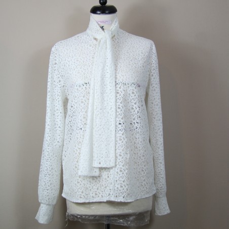 White lace blouse bow tie high neck ,  made in france