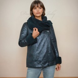 Manteau noir portefeuille en simili cuir et fausse fourrure femme, fabrication francaise