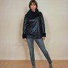 Manteau noir portefeuille en simili cuir et fausse fourrure femme, fabrication francaise