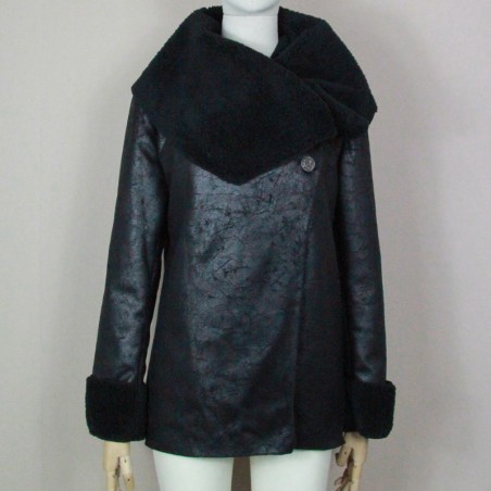 Manteau noir portefeuille en simili cuir et fausse fourrure femme, fabrication francaise