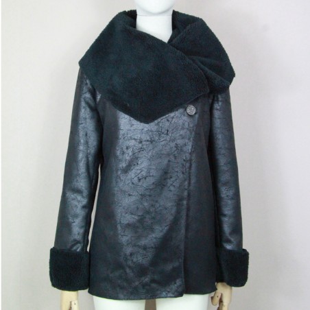 Manteau noir portefeuille en simili cuir et fausse fourrure femme, fabrication francaise