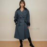 Women long gray raglan loose cut belted woolen coat