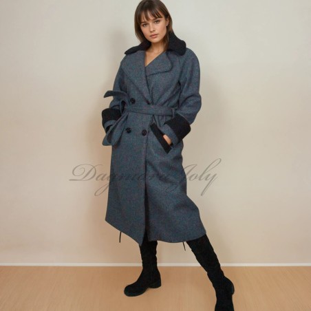 Women long gray raglan loose cut belted woolen coat