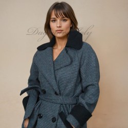 Women long gray raglan loose cut belted woolen coat