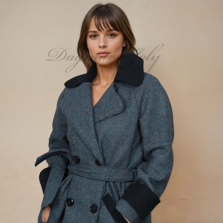 Women long gray raglan loose cut belted woolen coat