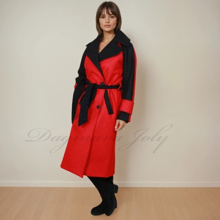 Women long black and red raglan loose cut belted woolen double breasted coat