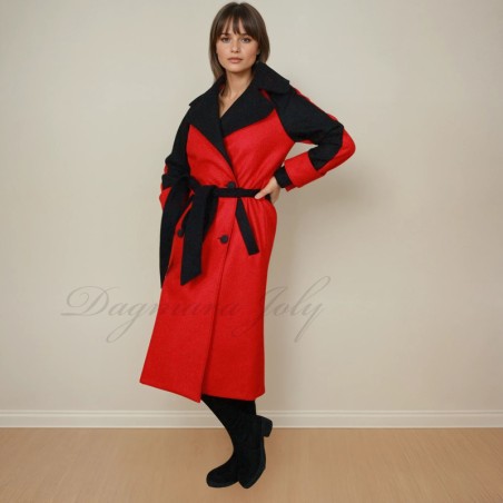 Women long black and red raglan loose cut belted woolen double breasted coat