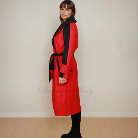 Women long black and red raglan loose cut belted woolen double breasted coat