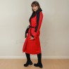 Women long black and red raglan loose cut belted woolen double breasted coat