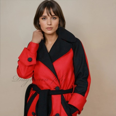 Women long black and red raglan loose cut belted woolen double breasted coat